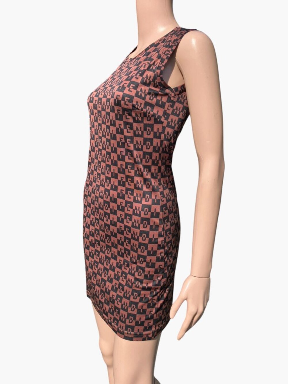 Vintage FENDI Sexy Stretchy Monogram FF Logo Print Dress Brown Black Italy Sz 40